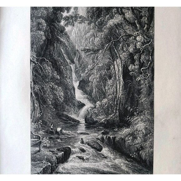 1844 Birks Of Aberfeldy Engraving Victorian Scotland Bathing Women DWSS19 - Picture 1 of 2